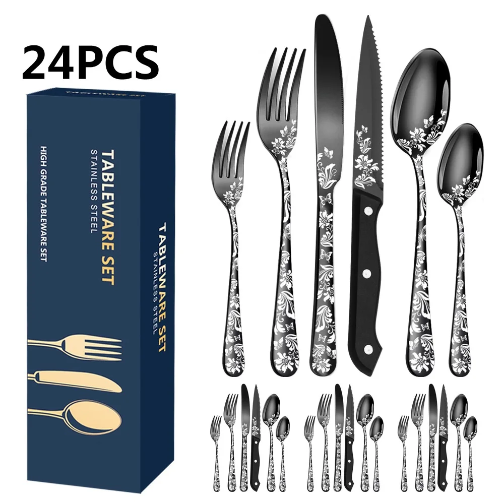 

24 Piece Flower Pattern Stainless Steel Tablware 6 Combination Set Silver Big Steak Knife Fork Spoon Dinner Cutlery Gold Set