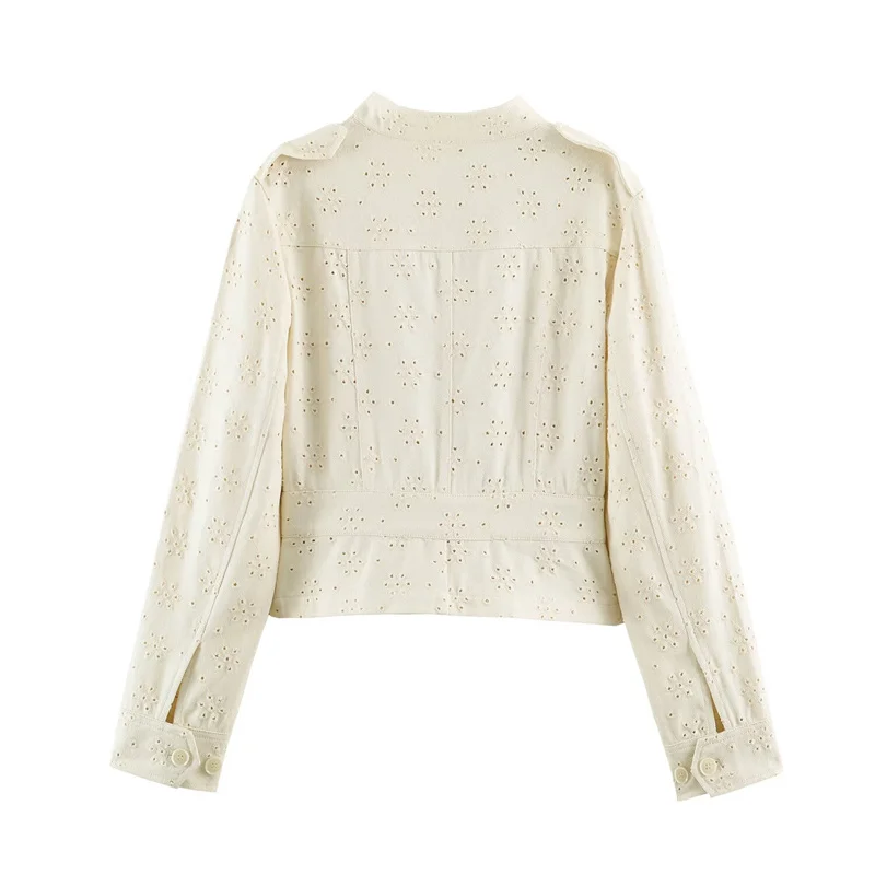 Guobioziy Women's Jacket 2026 Autumn New Beige Long-Sleeve Embroidered Hollow Pocket Decorative Jacket Parka, Trendy and Stylish