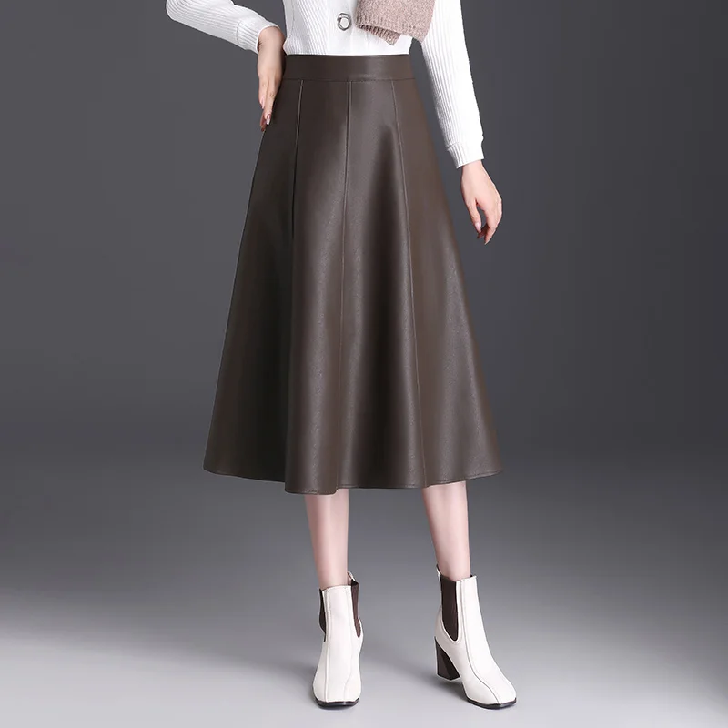 

Осенне-зимняя ретро-юбка А-силуэта из искусственной кожи для женщин, миди, стройнящая, универсальная, скрывающая бедра, юбка-солнце