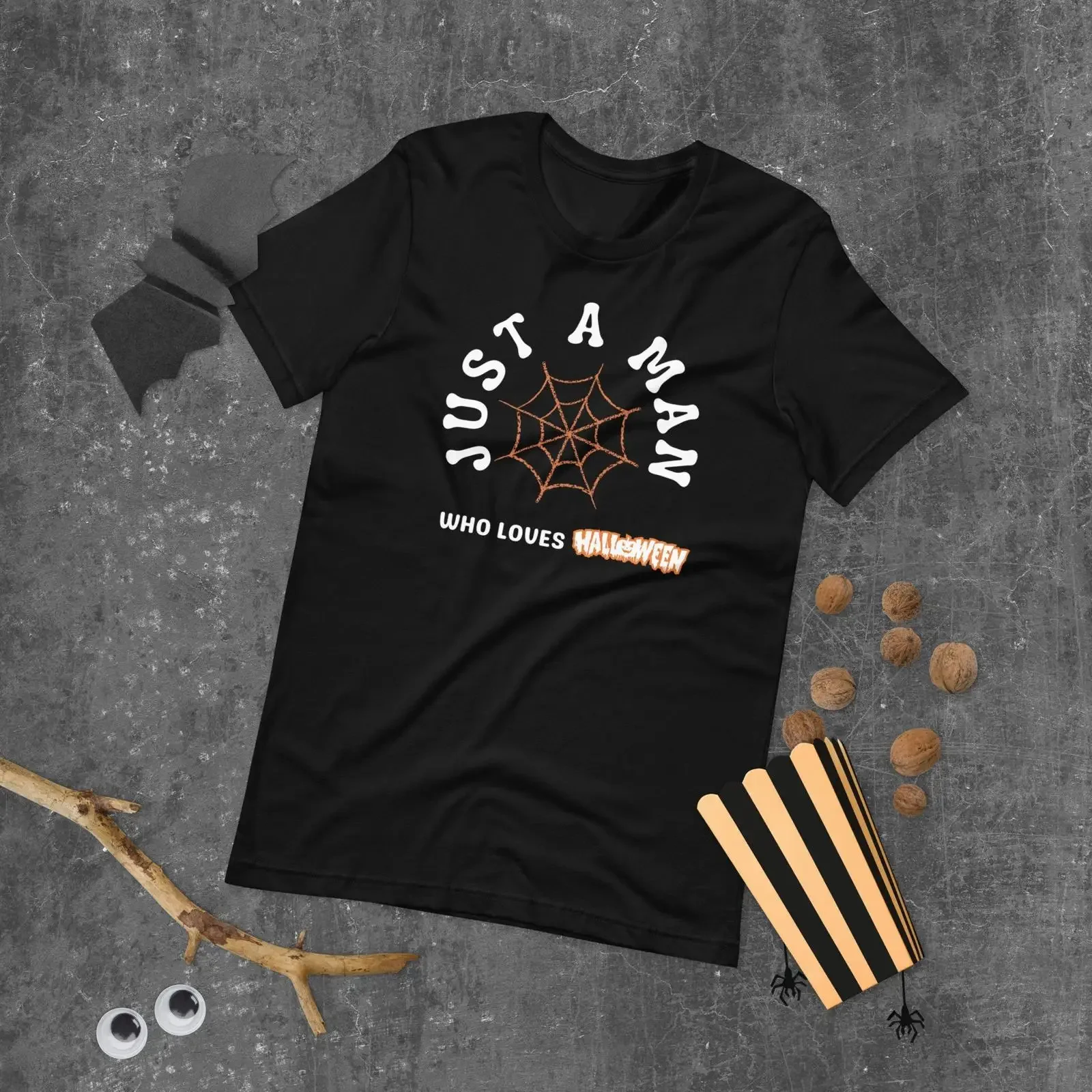Just A Man Who Loves Halloween Spider Web Print Men's T Shirt Funny Casual   vintage Washed fashion homme Top For Everyday Wear