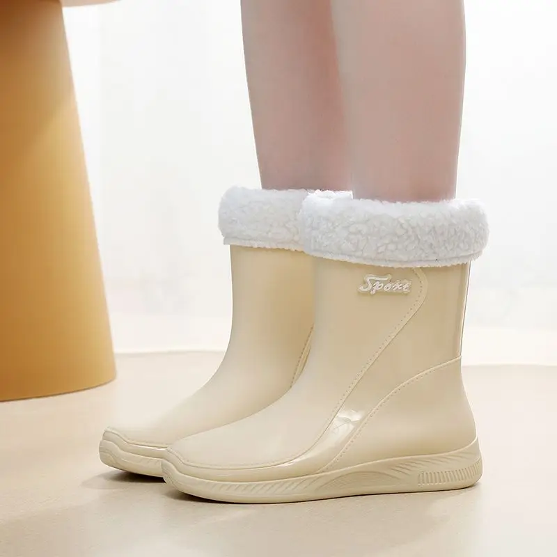  أحذية المطر النسائية المقاومة للماء لمنتصف الساق، متينة لجميع المواسم، أحذية مطبخ مسطحة فروي دافئة للنساء، أحذية مريحة للاستخدام في الهواء الطلق #5