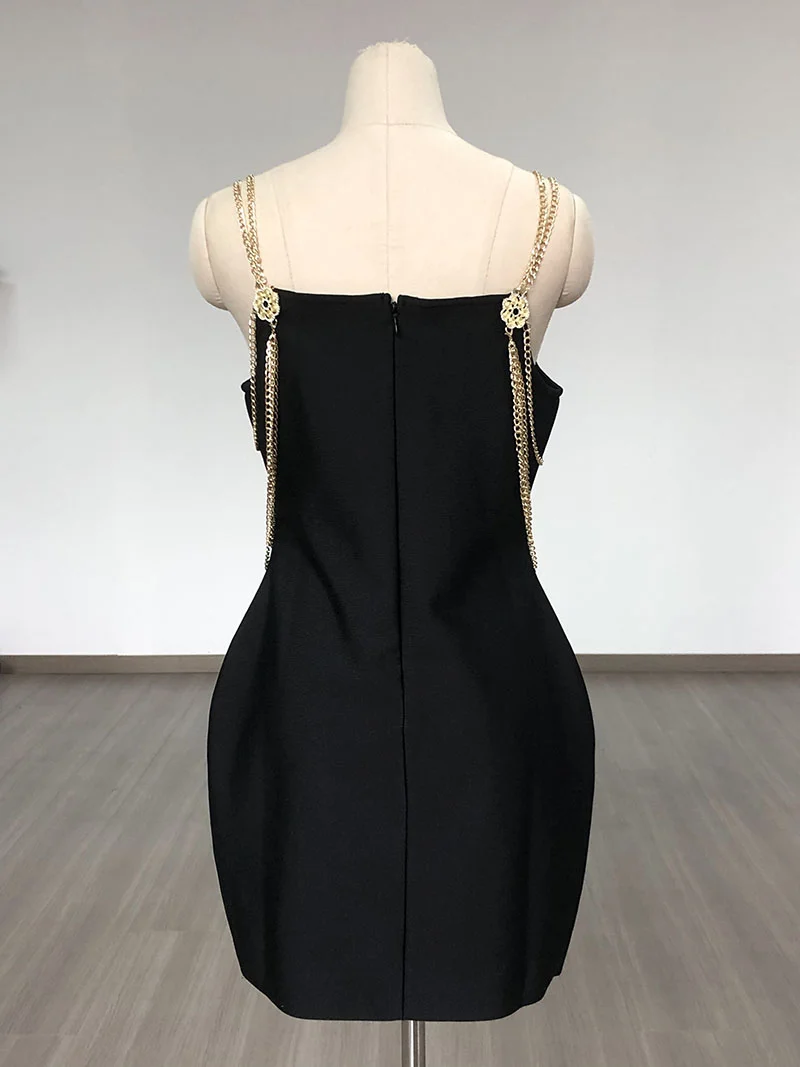 Black Big Size Chain Bandage Dress Women Summer 2024 Sexy Strap V Neck Metal Party Evening Dresses Fashion Bodycon Outfits BA426