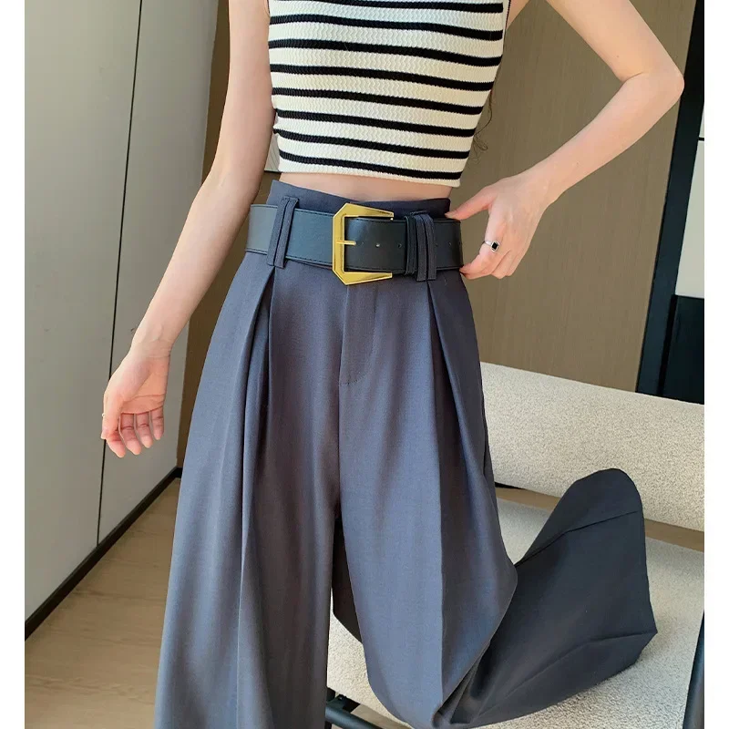 팝 여성 와이드 레그 수트 팬츠 2025년 봄 캐주얼 루즈 드레이피 트렌디 하이웨이스트 슬리밍 플로어 기장 트라우저