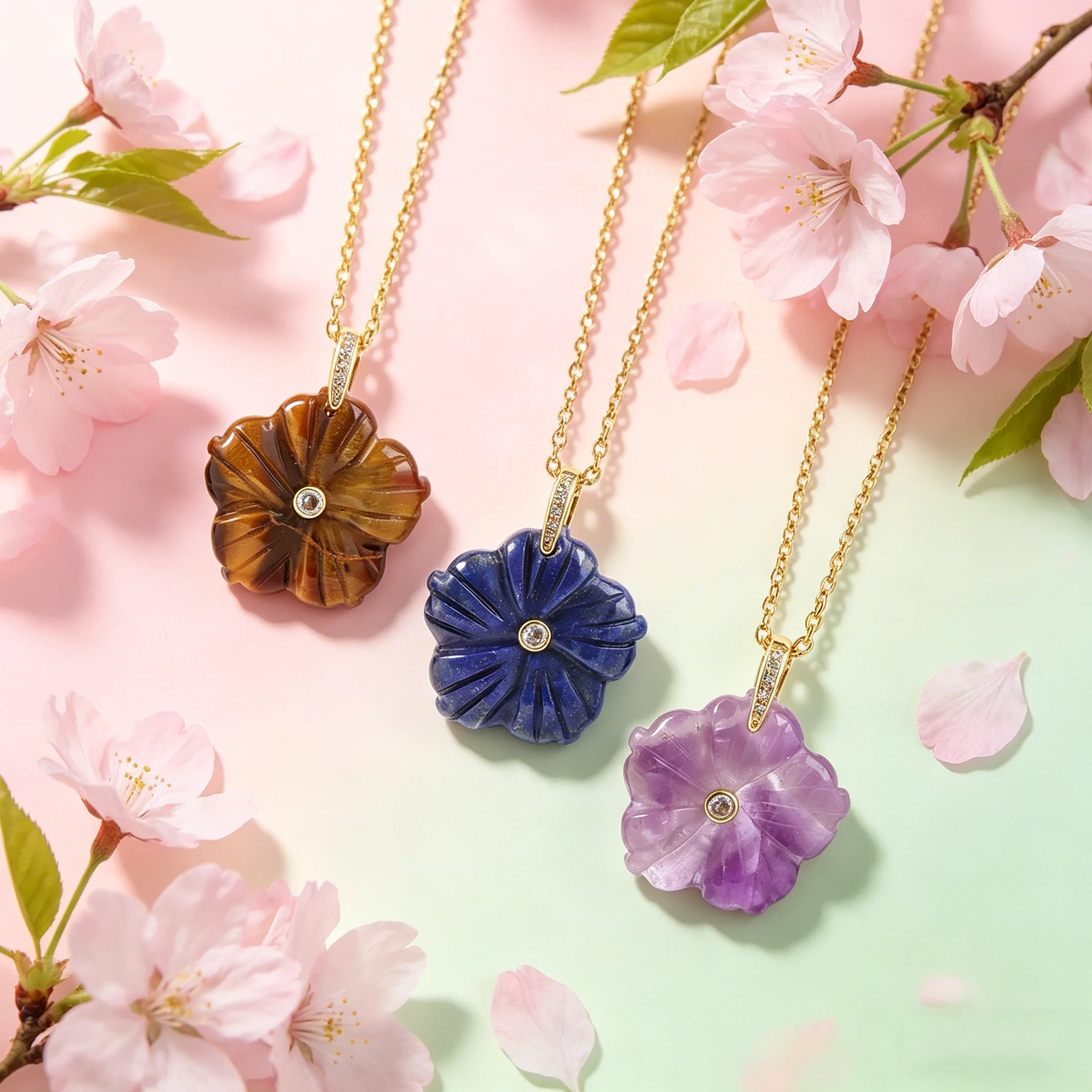 Fünfblättrige Blumen-Kristall-Halskette für Damen, Edelstahlkette, Naturstein, geschnitzter Amethyst, rosa Quarz-Anhänger, Sommer H872