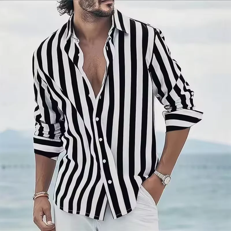 2025 new men's long-sleeve blue striped printed shirt, elegant classic stylish top for men's social high-end Hawaiian style.