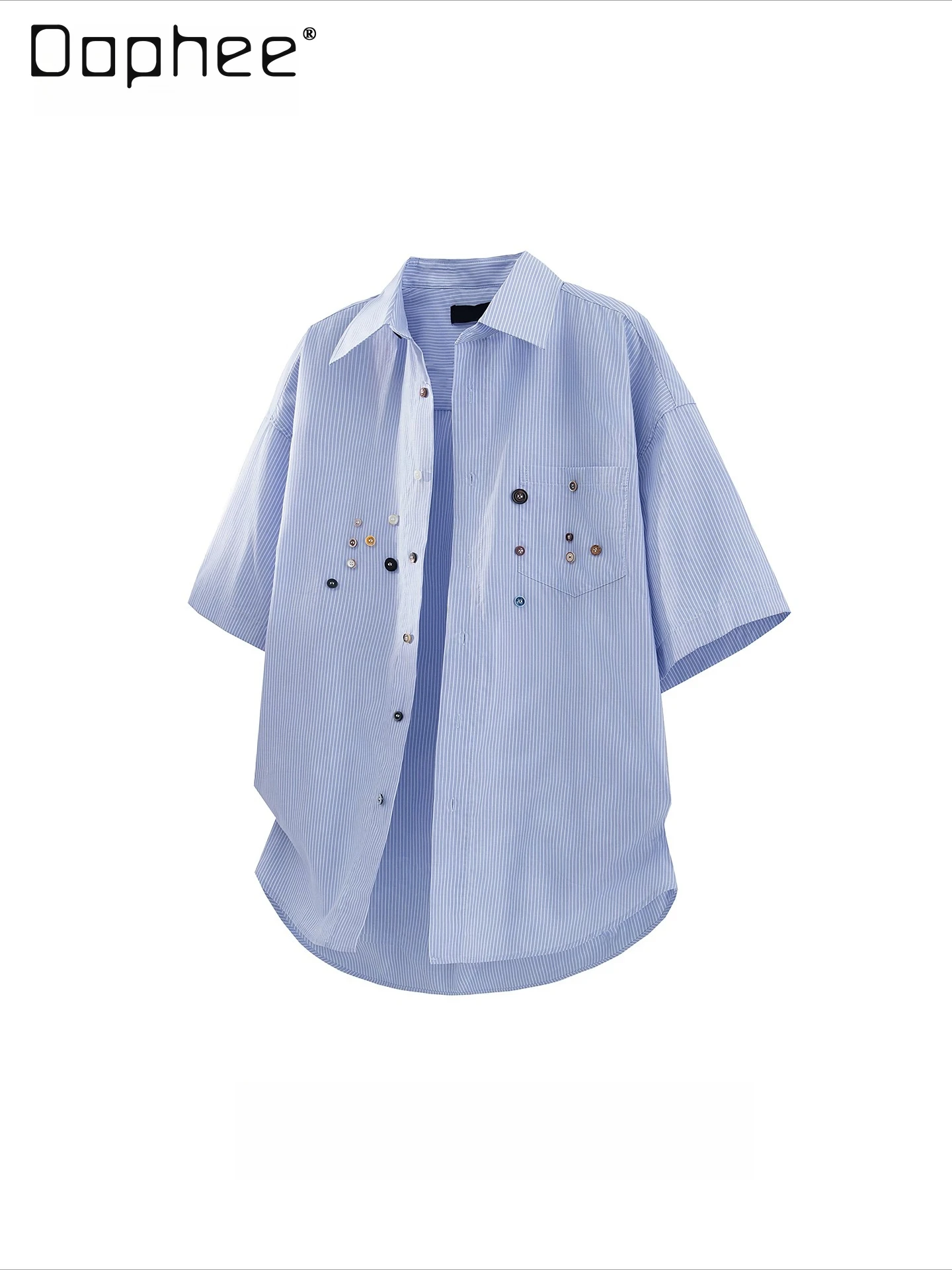2026 Summer New Men's Japanese Style Striped Lapel Short Sleeve Shirt Loose Casual Button Decor Blue Shirt Daily Streetwear Tops