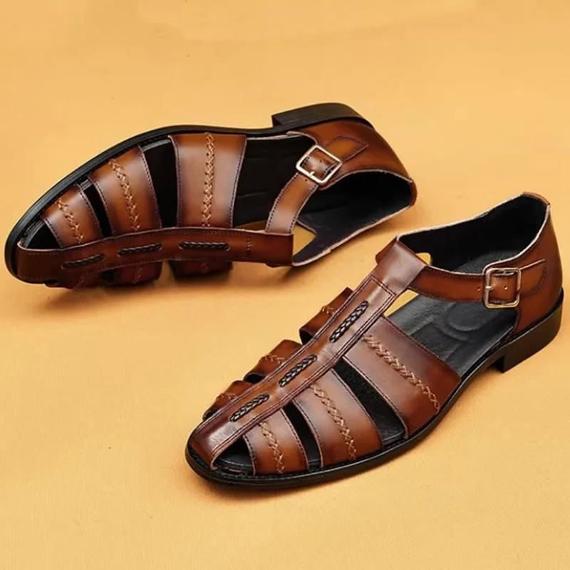Summer New Style Classic Cowhide Men's Leather Sandals Roman Sandals With Straps Genuine Leather Buckle Shoes Men Casual Shoes