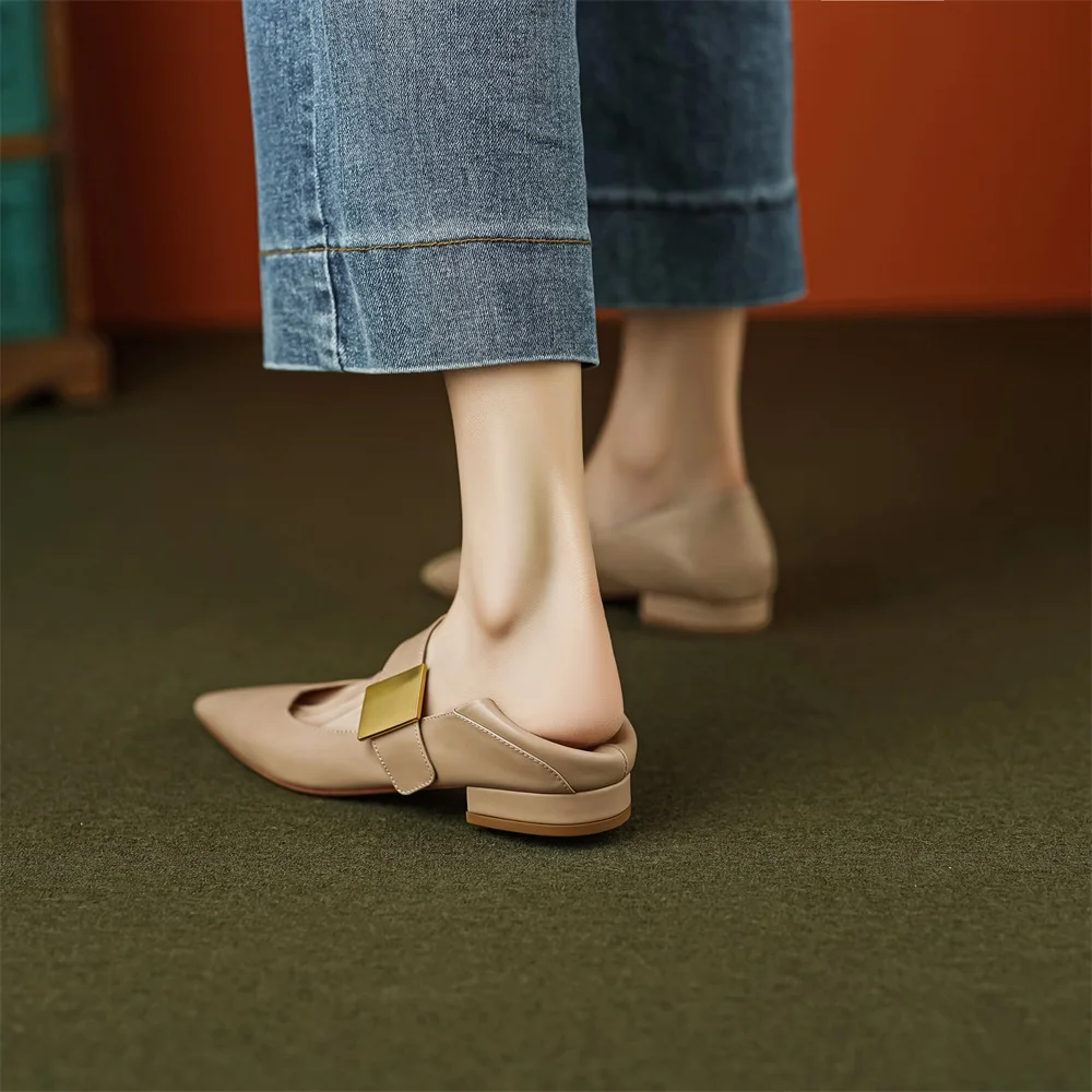 Taoffen Casual Women\'s Flat Shoes Genuine Leather Metal Decoration Pointed Toe Shoes Comfortable Slip On Footwear Office Pumps