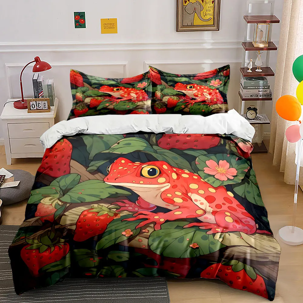 Red frog in strawberry bush Print Bedding Set 1 Duvet Cover 2 Pillowcases for Adult and Children Luxury Gift Full Size