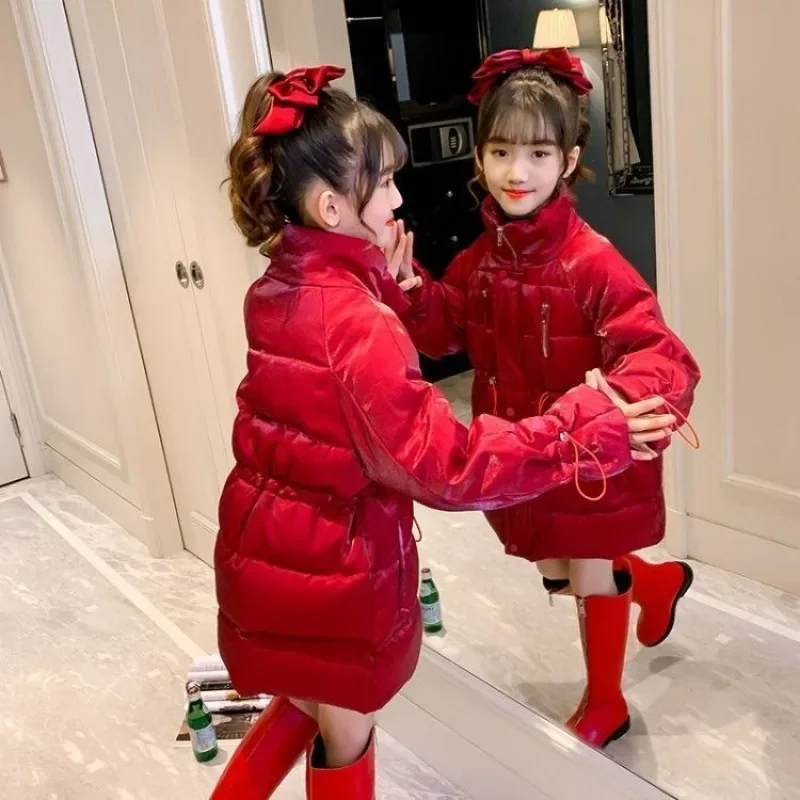 Kurtka zimowa dla dziewczynki, ocieplana, modna, wodoodporna, błyszcząca, z kapturem, odzież wierzchnia dla dzieci, parka dla nastolatek, rozmiar 6 lat.