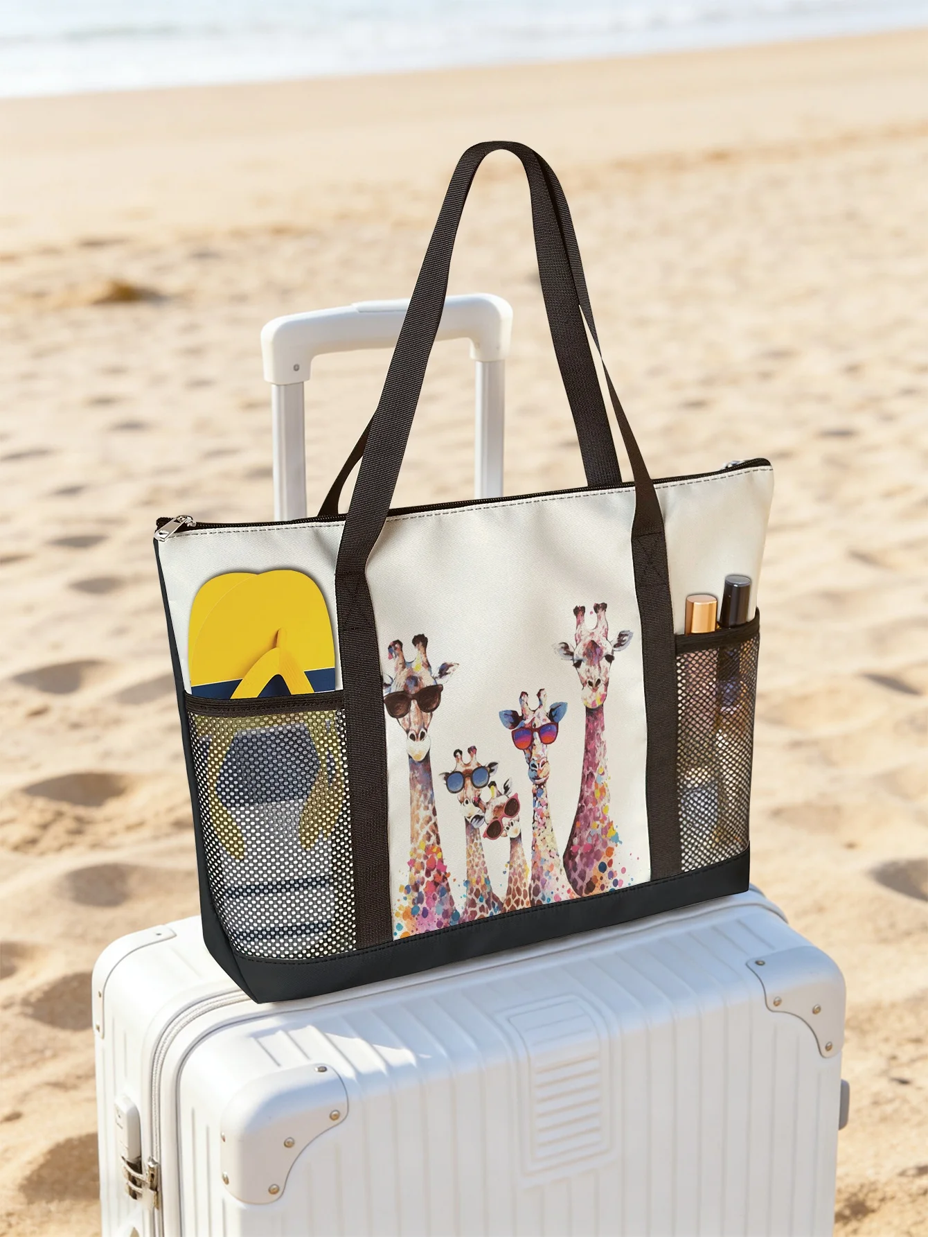 

Giraffe printed handbag, large capacity women's beach bag, waterproof travel shoulder bag with mesh pockets