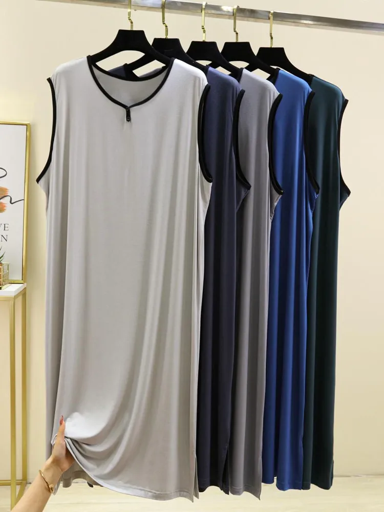 Cool Sensation Modal Men's Sleepwear Short Sleeve Thin Robe Long Gown Home Clothes Bath Robe Mid-Length V-neck Summer Leisure