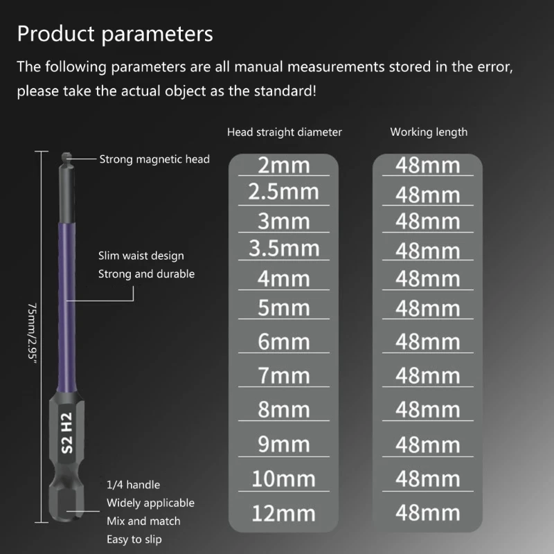 L69A 13Pcs Ball Screw Driver Bit Ball End End Set 2/2.5/3/3.5/4/5/6/7/8/9/10/12mm Screw Driver Bit Set