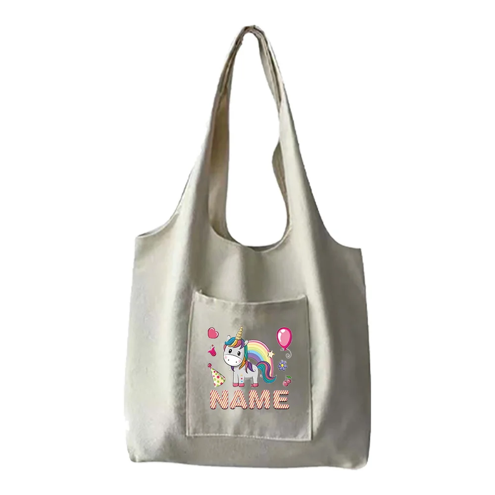 اسم مخصص حقيبة قماش الكتف المحمولة مع جيوب جانبية حقيبة تسوق عارضة تخزين حزمة أكياس ركاب جيب مزدوج #4