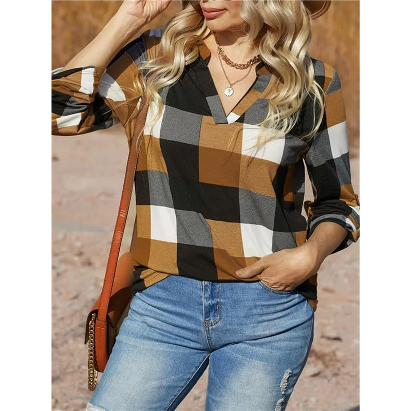 ABP-Camisetas de trabajo de manga larga con puños y estampado a cuadros con cuello en V informal básico para mujer