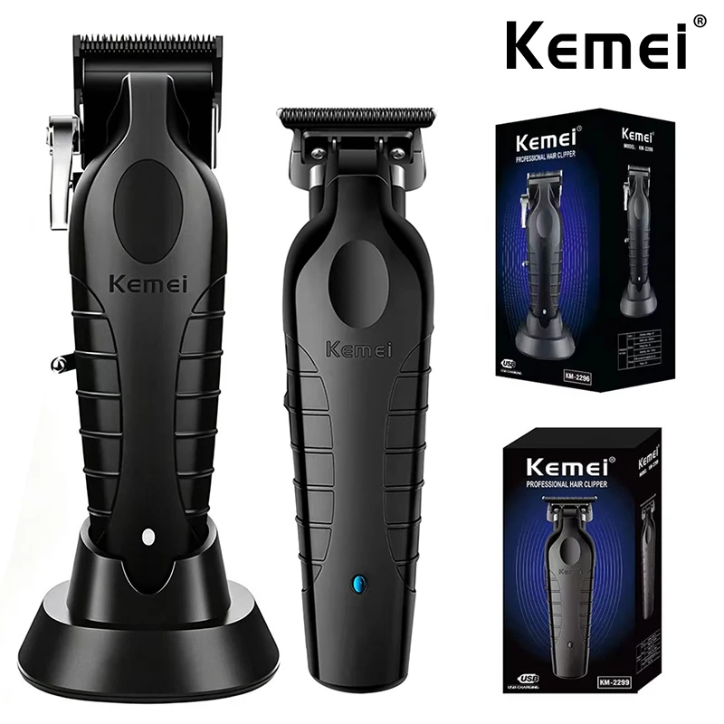 

Kemei Barber Cordless Hair Trimmer 0mm Zero Gapped Carving Clipper Professional Electric Finish Clippers KM-2296 KM-2299 Kit