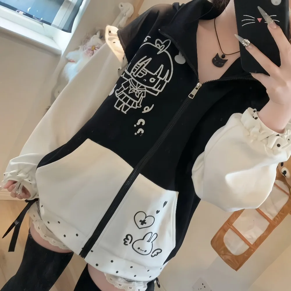 Autumn New Polka Dot Ears Cute Cartoon Print Color Block Zipper Hooded Jacket Women Loose Long Sleeve Coat Women