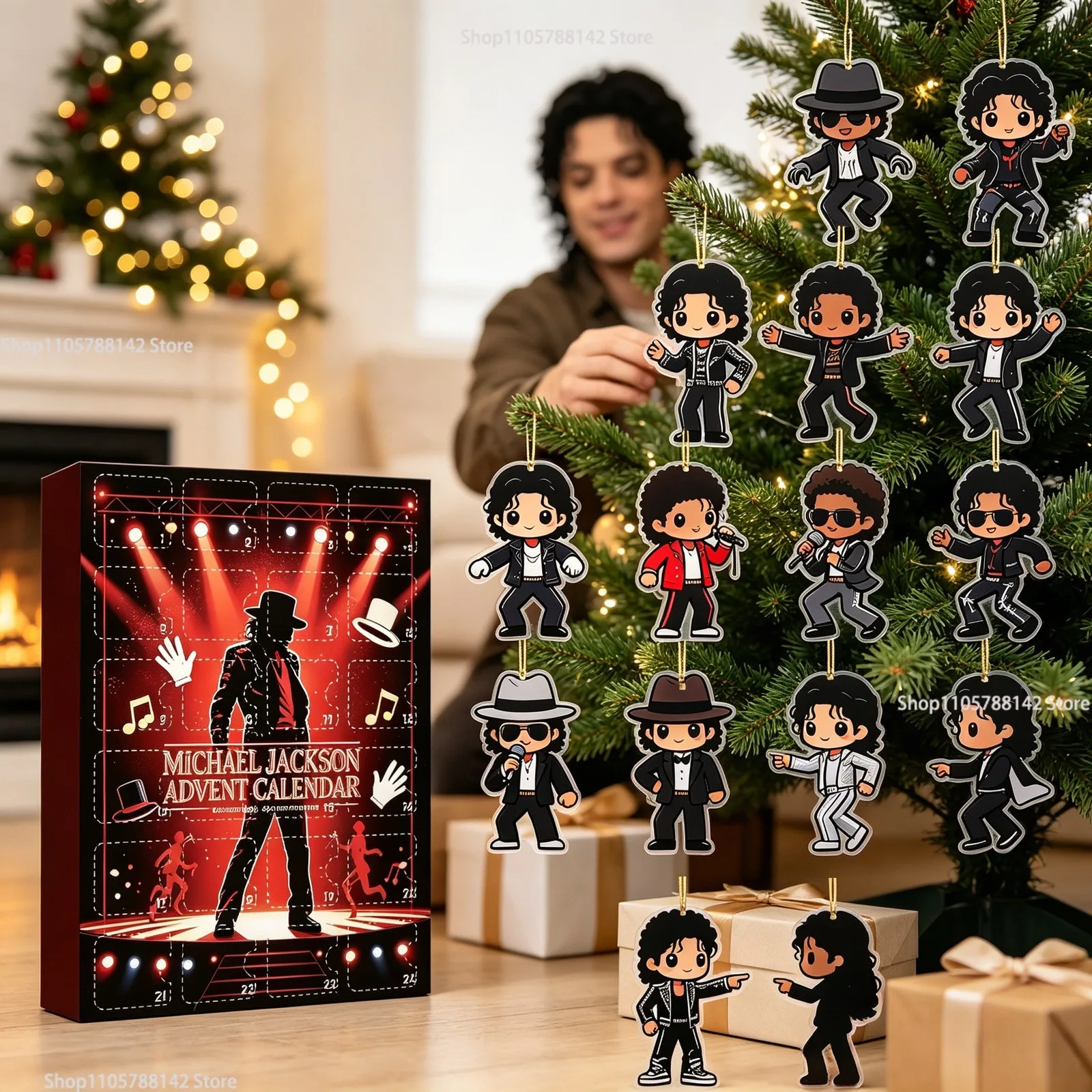 Weihnachts-Adventskalender 24 Tage Michael Jackson Acryl Countdown-Geschenkbox, Hängende Weihnachtsbaum-Deko Geschenk für Party-Gastgeschenke