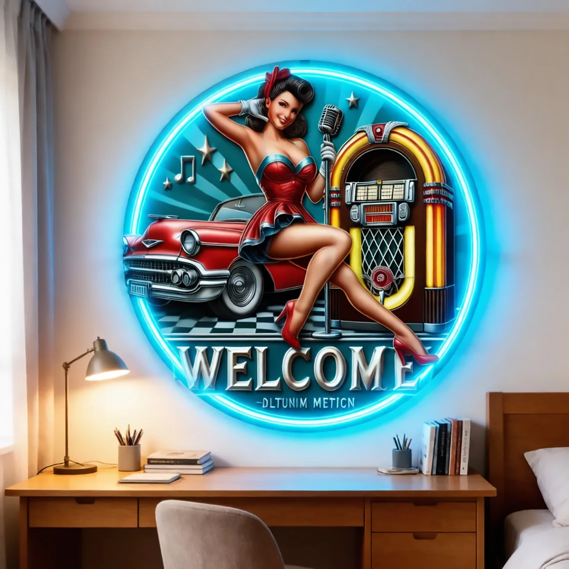Car and Women Neon Sign Glamorous Microphone Woman Pop Art Neon for Home, Bar, Cafe,Bedroom Decor,Car Shop Art Wall Decor