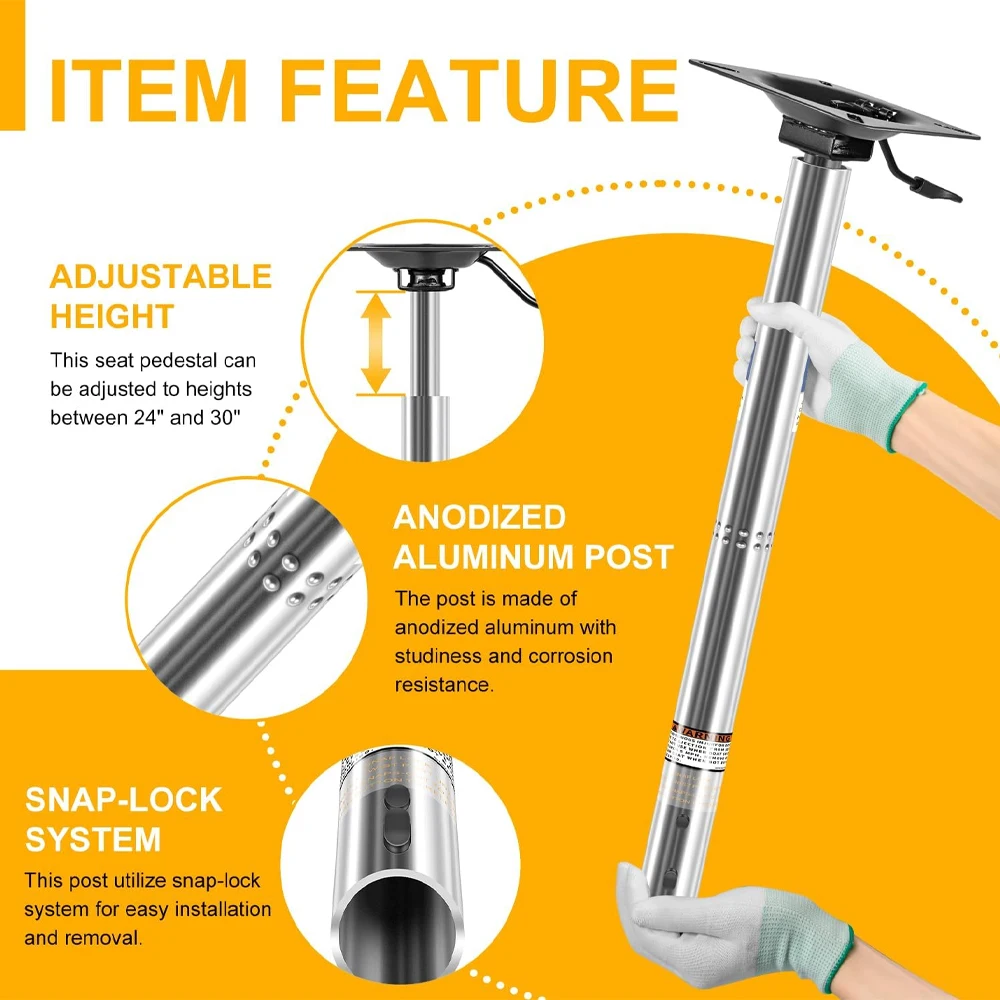 SP-39204 Snap-Lock Power Pedestal System Adjustable Boat Seat Post with Integrated Seat Mount, Extension Post Pole Mount