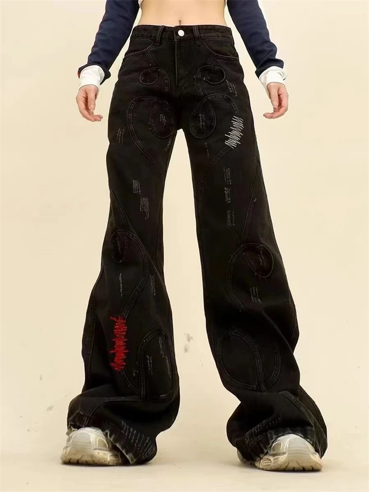 

Women's Embroidery Splicing Design Unisex Micro Flared Jeans Streetwear High Waisted Cowboy Trouser Casual Straight Denim Pants