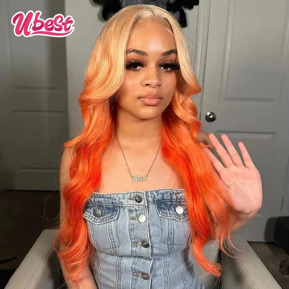 

Ombre 613 Orange Colored Body Wave 13x6 Lace Front Wigs Brazilian 100％ Human Hair Transparent Glueless Wig Pre Plucked For Women