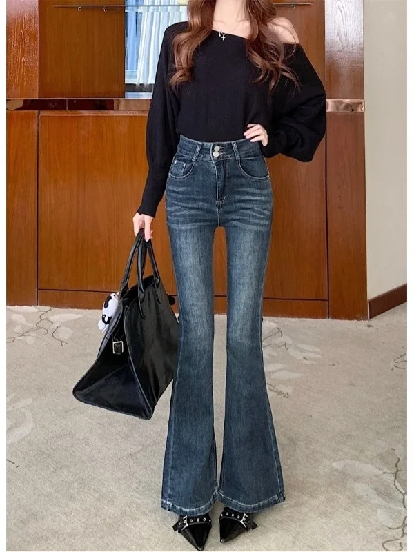 

Retro Waed Slim Fit Women's Jeans High Waist Micro Flared Denim Pants Bootcut Long Trousers Floor Length Spring Early