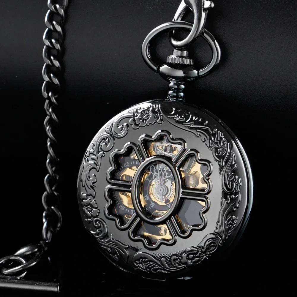 

Luxury Black Hollow Case Roman Number Dial Design Steampunk Mechanical Pocket Watch With Chain Gift To Men Women