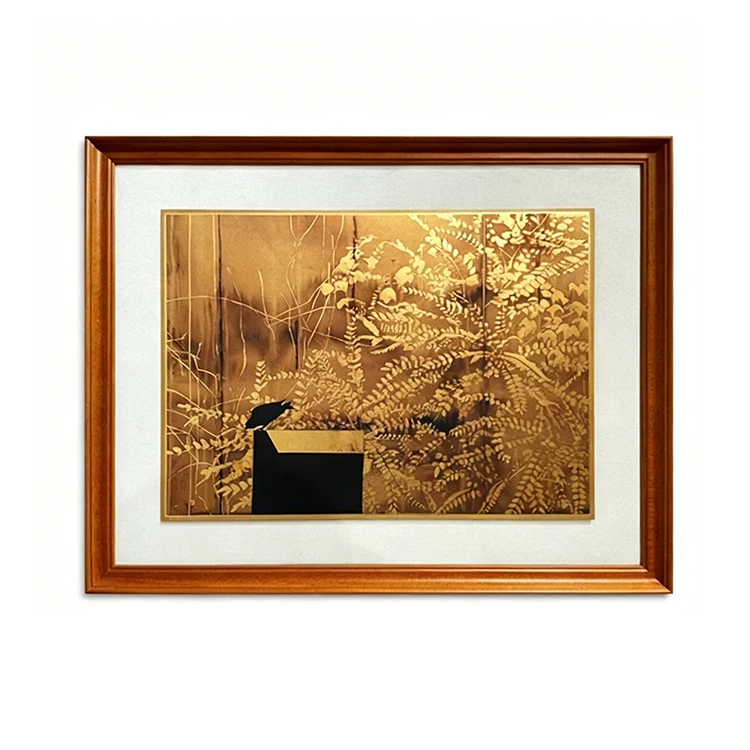 %S_ Custom Metal Copper Engraving Wall Art Golden Fern Bird Etching Copper Painting for Luxury Hotel Living Room Home Wall Decor