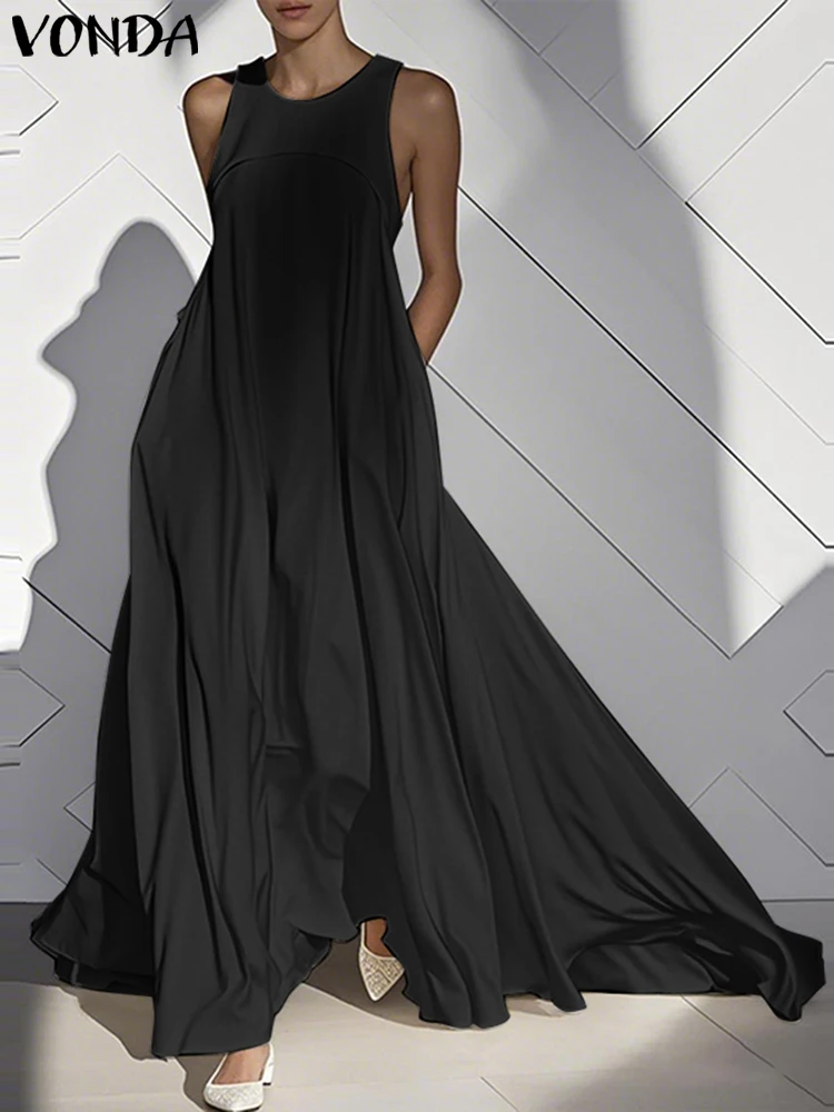 

Plus Size 5XL VONDA Summer Solid Long Dress 2025 Women Sundress Sexy Sleeveless Casual Ruffled Tank Robe Party Maxi Vestidos