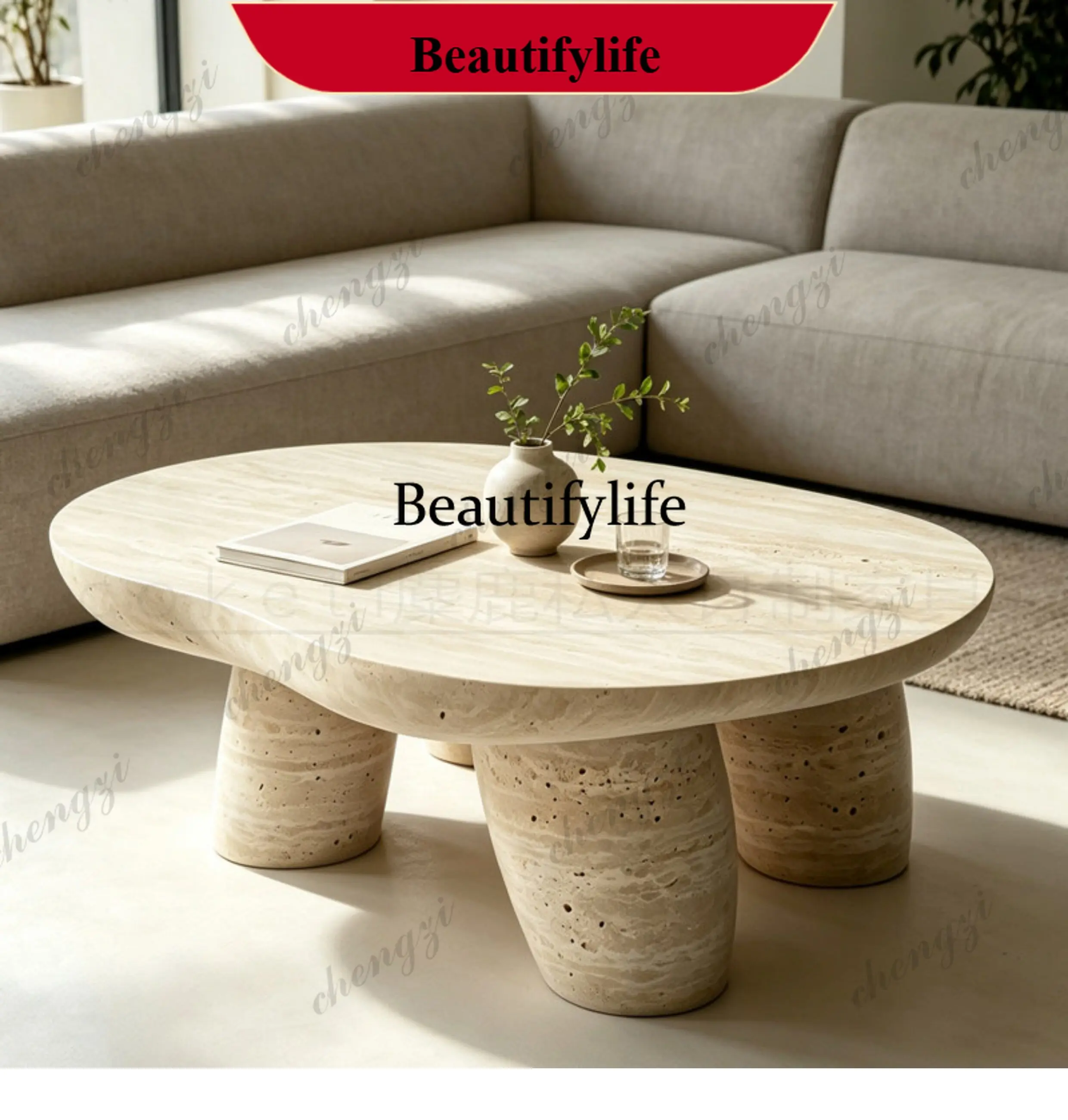z183 Wabi-sabi wind, special-shaped natural travertine coffee table, living room home creative small apartment, high-end marble