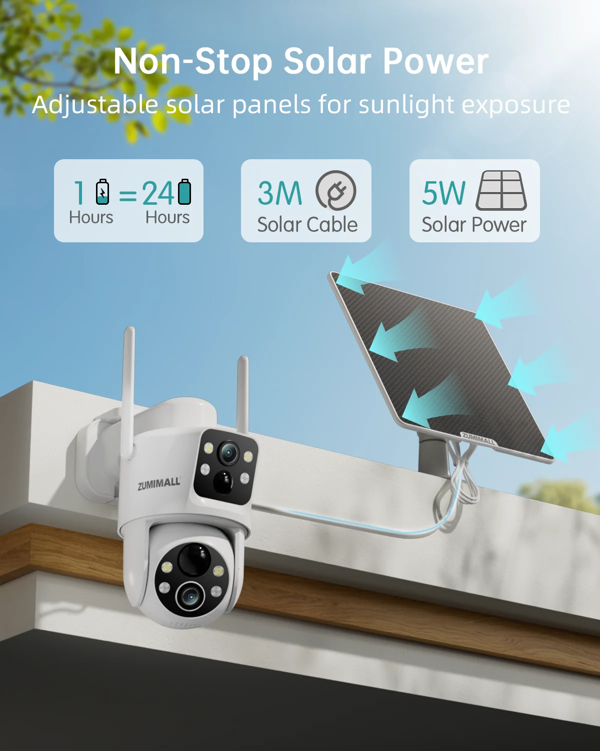 

ZUMIMALL Security Cameras Wireless Outdoor,Dual Lens, 360° PTZ Solar/battery powerd,Color Night Vision/2.4GHz WiFi,Cloud/Alexa