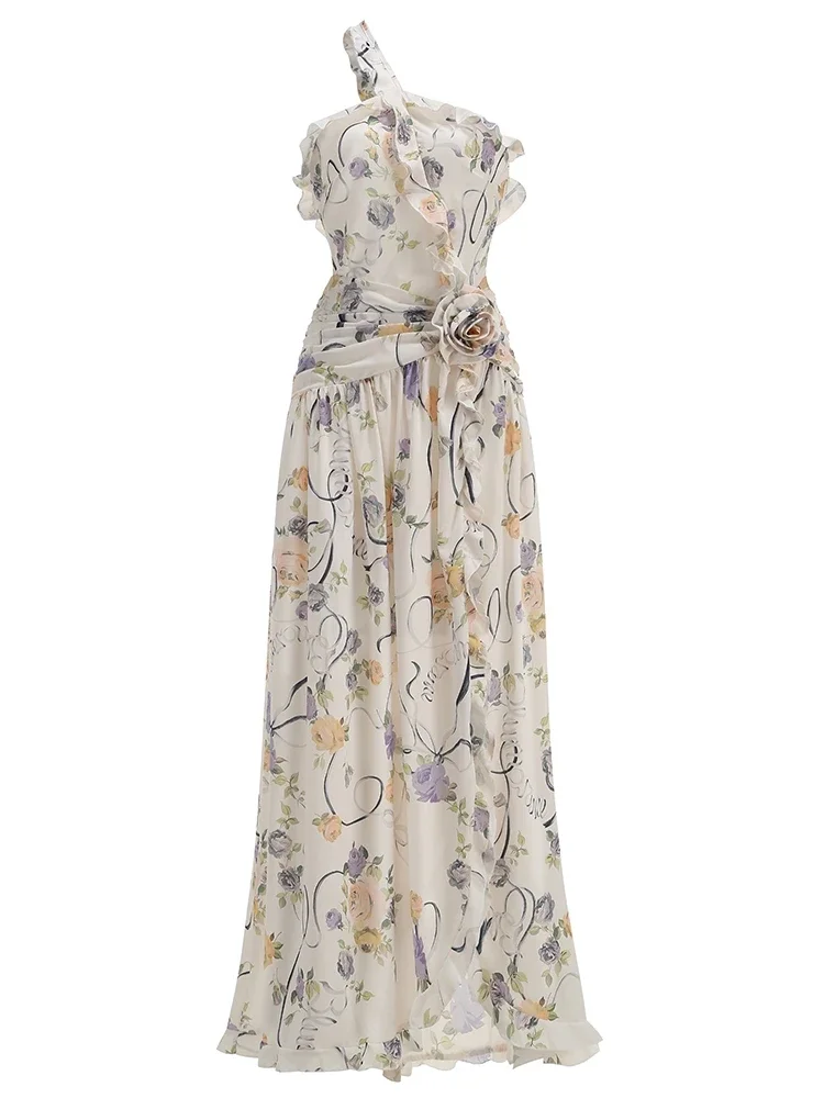 เดรสยาวลายพิมพ์เปิดไหล่ข้างเดียวสำหรับฤดูร้อน ดีไซน์เว้าหลัง แขนกุด แต่งระบายดอกไม้ ผ่าข้าง ทรงเข้ารูป เหมาะสำหรับงานปาร์ตี้ตอนเย็น