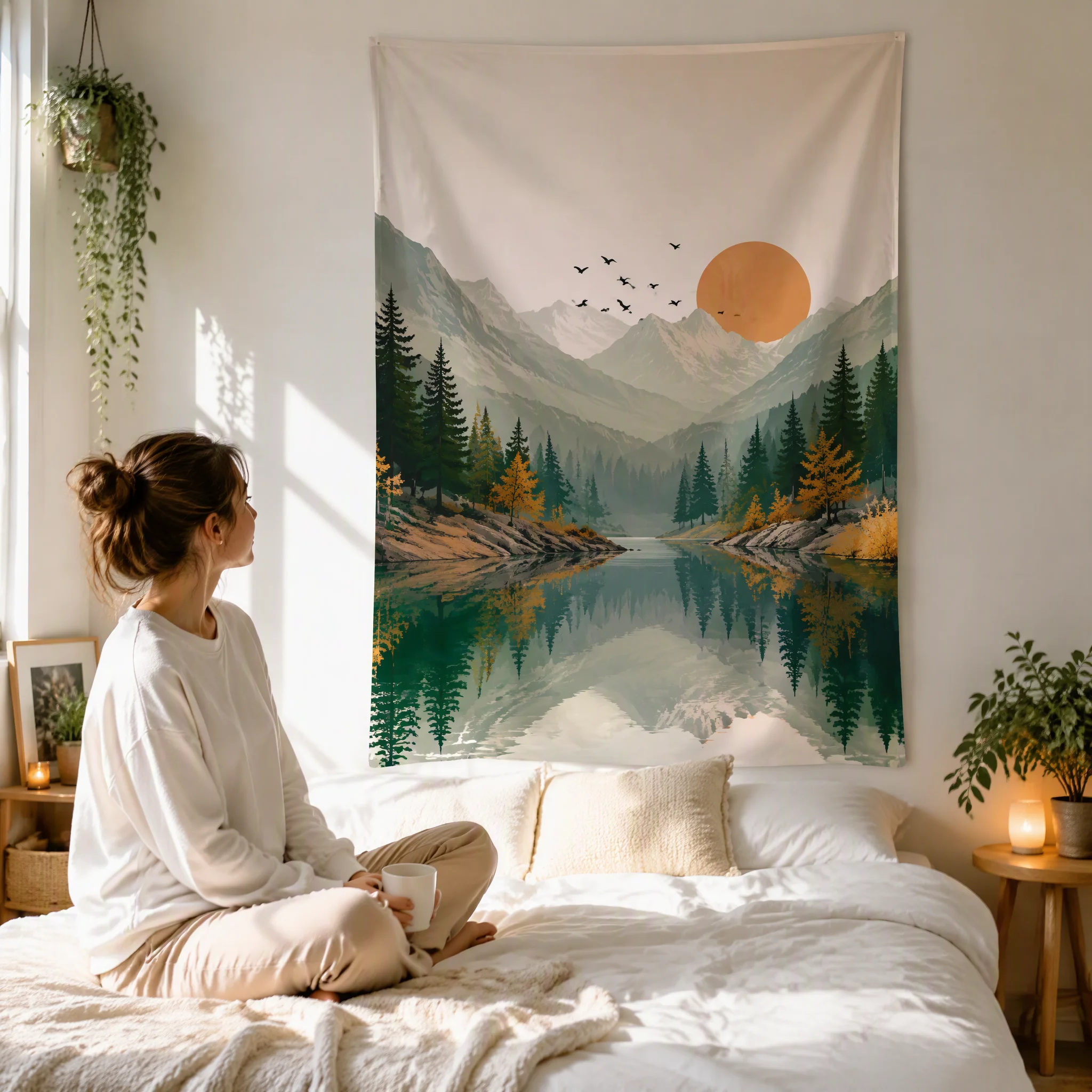 Custom Landscape Tapestry Vertical Mountain Forest Lake Wall Hanging Personalized Nature Art Home Decor Bedroom Living Room Gift