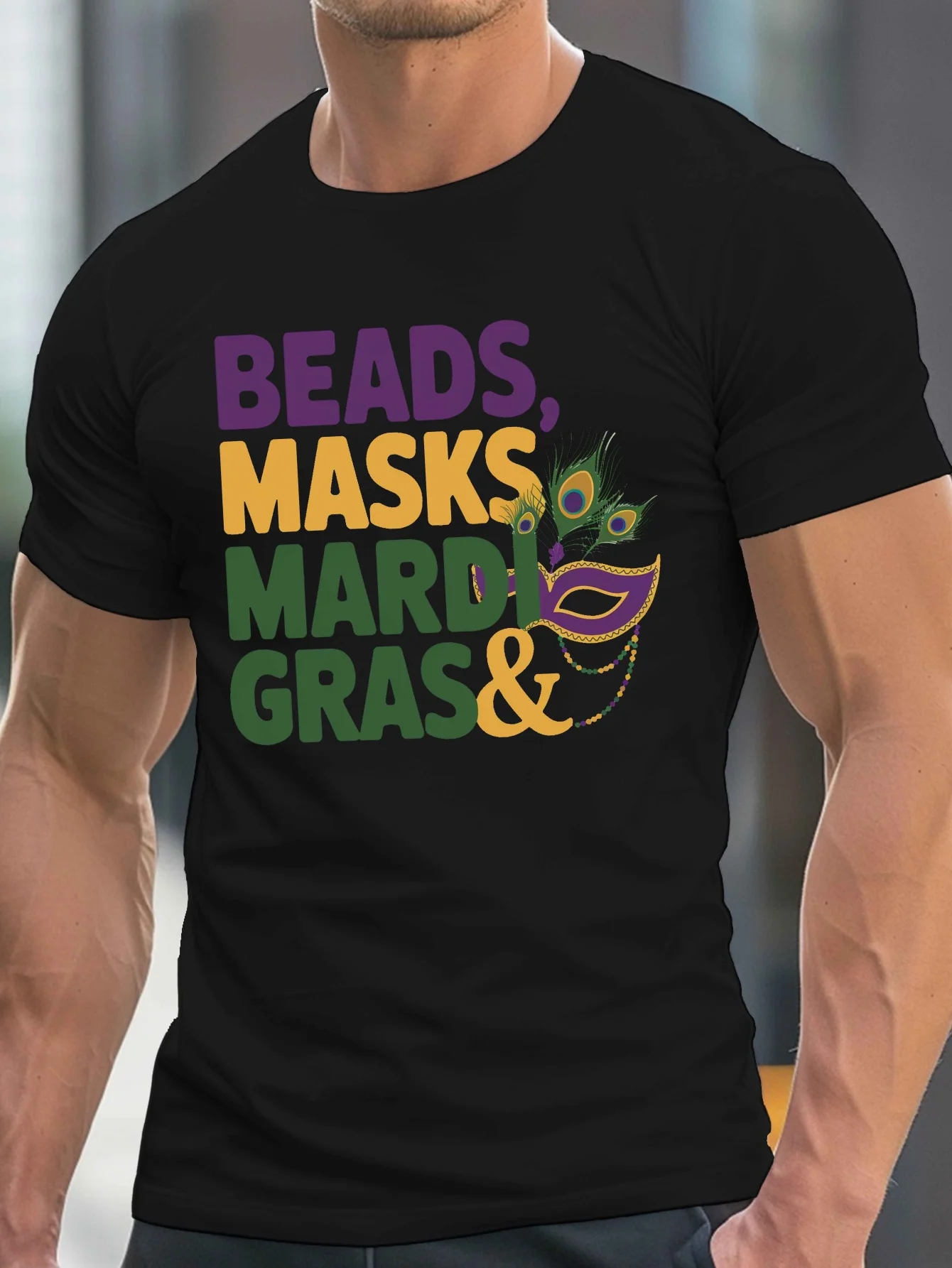 

New Men's Pure Cotton T-shirt Carnival Pattern Casual Short Sleeve with Beads and Mask Design