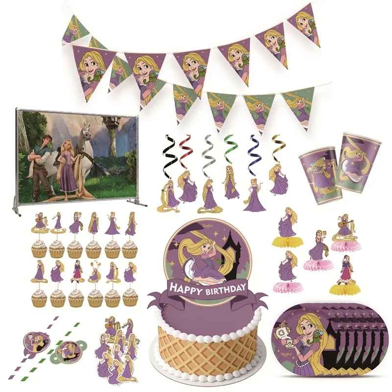 Cartoon Tangled Rapunzel Party Supplies Tableware Happy Birthday Decoration Plate Balloon Tablecloth Kid Favor Party Baby Shower