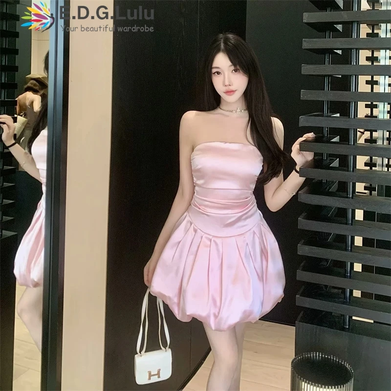 

EDGLuLu Fashion Pink White Strapless Birthday Dress Woman Sexy Sleeveless Backless Bodycon Ruched Mini Dress 0609
