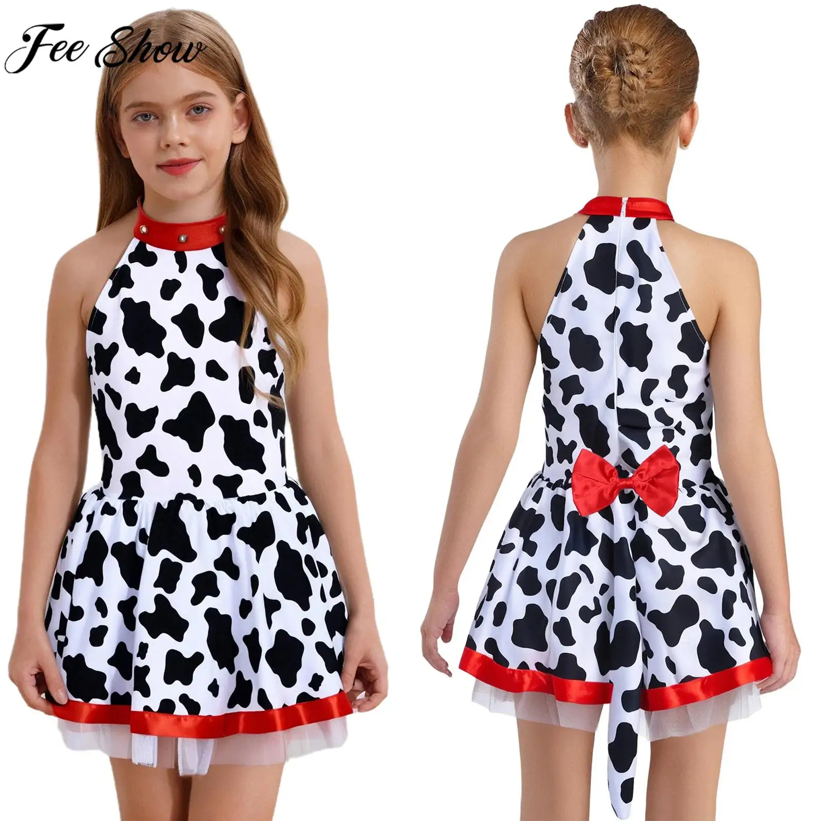 Kids Girls Halloween Dalmatians Spotted Dog Cosplay Costume Sleeveless Printed Mesh Tutu Leotard Dress with Tail for Theme Party
