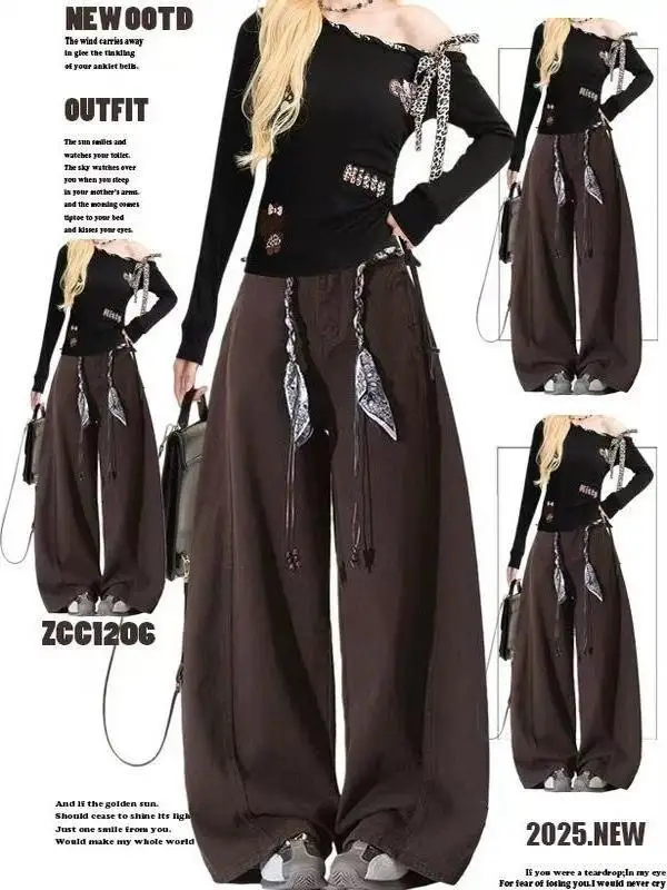 하이웨이스트 아메리칸 슬레 나이프 데님 팬츠 (여성용, 벨트 포함, 바닥까지 오는 길이, 커피색, 트렌디한 INS 와이드 레그 진)