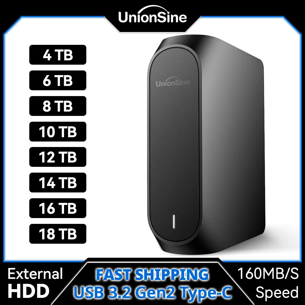 

UnionSine 4 ТБ 6 ТБ 8 ТБ 10 ТБ 12 ТБ 18 ТБ 3,5 "USB 3.2Gen HDD Совместимый внешний жесткий диск ПК/настольный компьютер/ноутбук/Mac/Xbox/Xbox One/PS4/TV