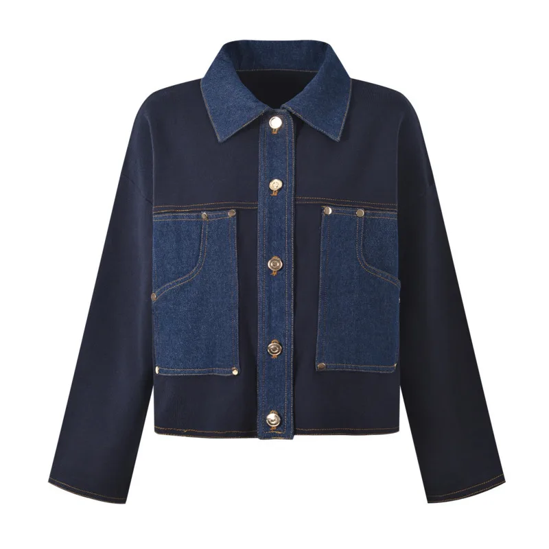 Chujie 2025 outono inverno novo design sentido denim retalhos gola polo jaqueta de peito único + colete curto sem mangas + saia