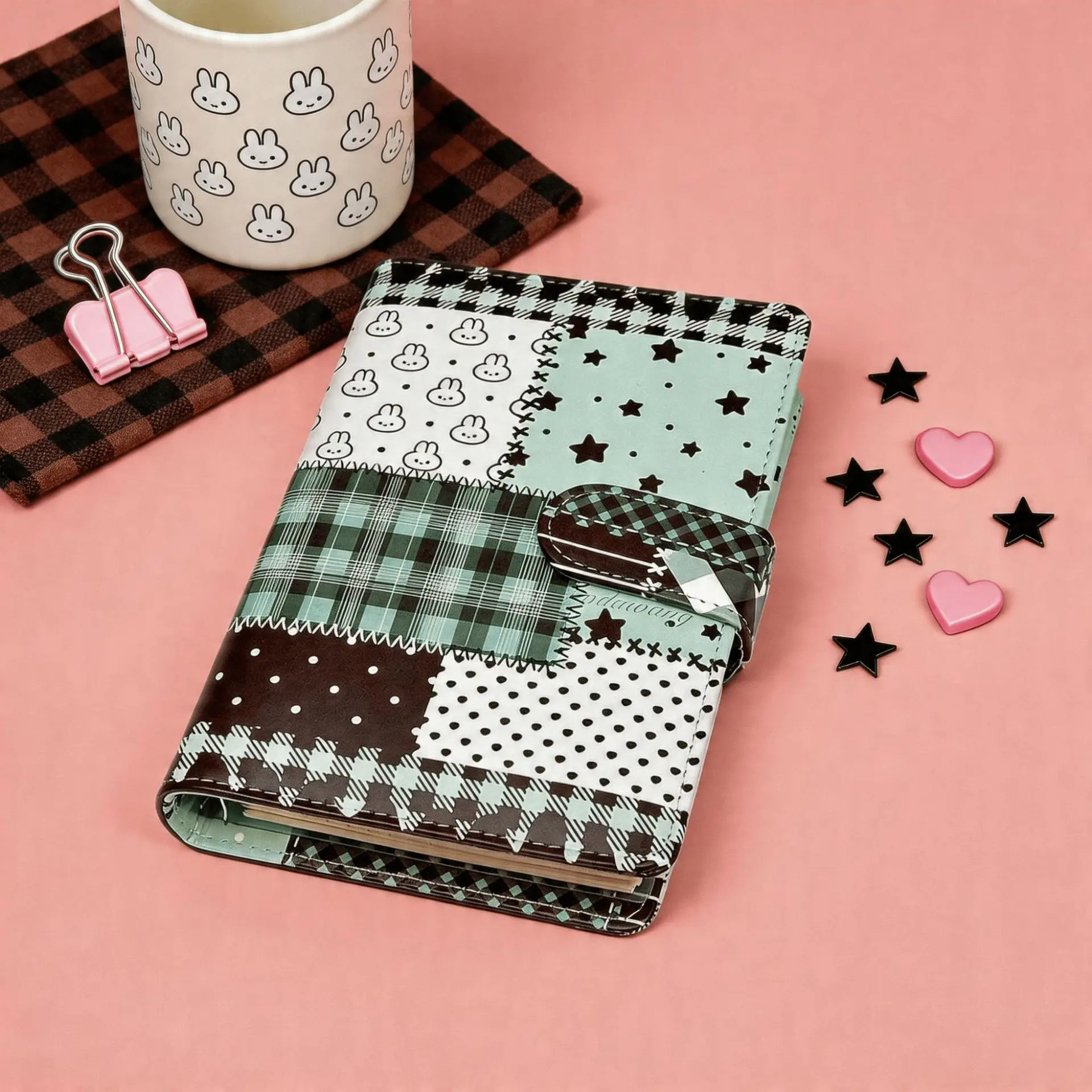 A6 Green Spliced Grid Notebook Loose Leaf Notebook PU Student Portable DIY Photocards Collect Book Diary Planner Stationery - view 2