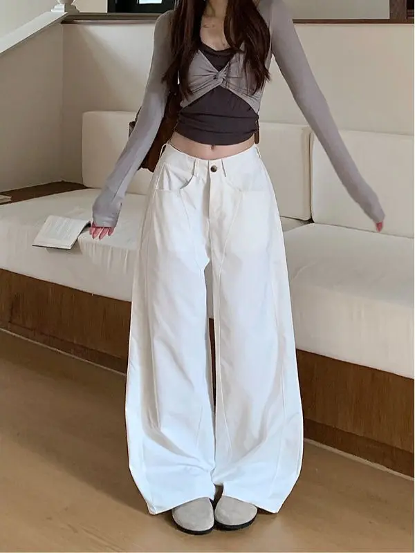 Wijde pijpen broek Y2K leer dames lente plooien tailleband club splitsen twill wasbaar verstelbaar minimalistische sjerpen chic woon-werkverkeer