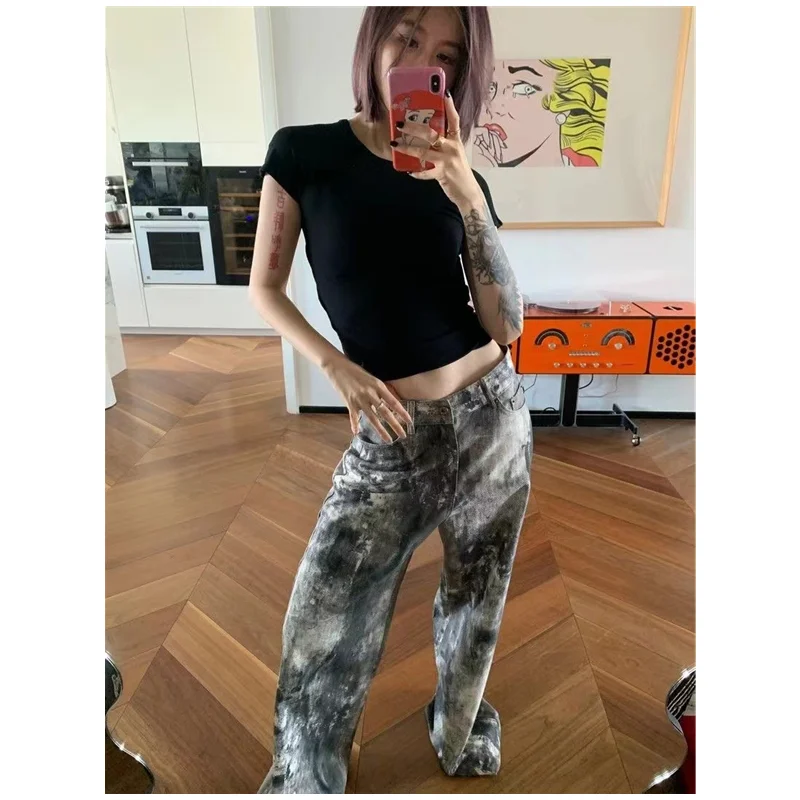 Blaue Damenjeans Hip-Hop Mode Vintage Streetwear Y2K Weites Bein Gerade Jeans Hohe Taille Hose Klassische Baggy Denim Hose