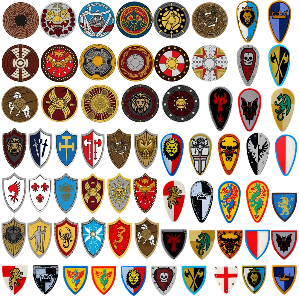 MOC – bouclier médiéval, bloc de construction, château, chevalier, soldats, figurines, armes militaires, accessoires, bouclier imprimé, jouet cadeau DF003