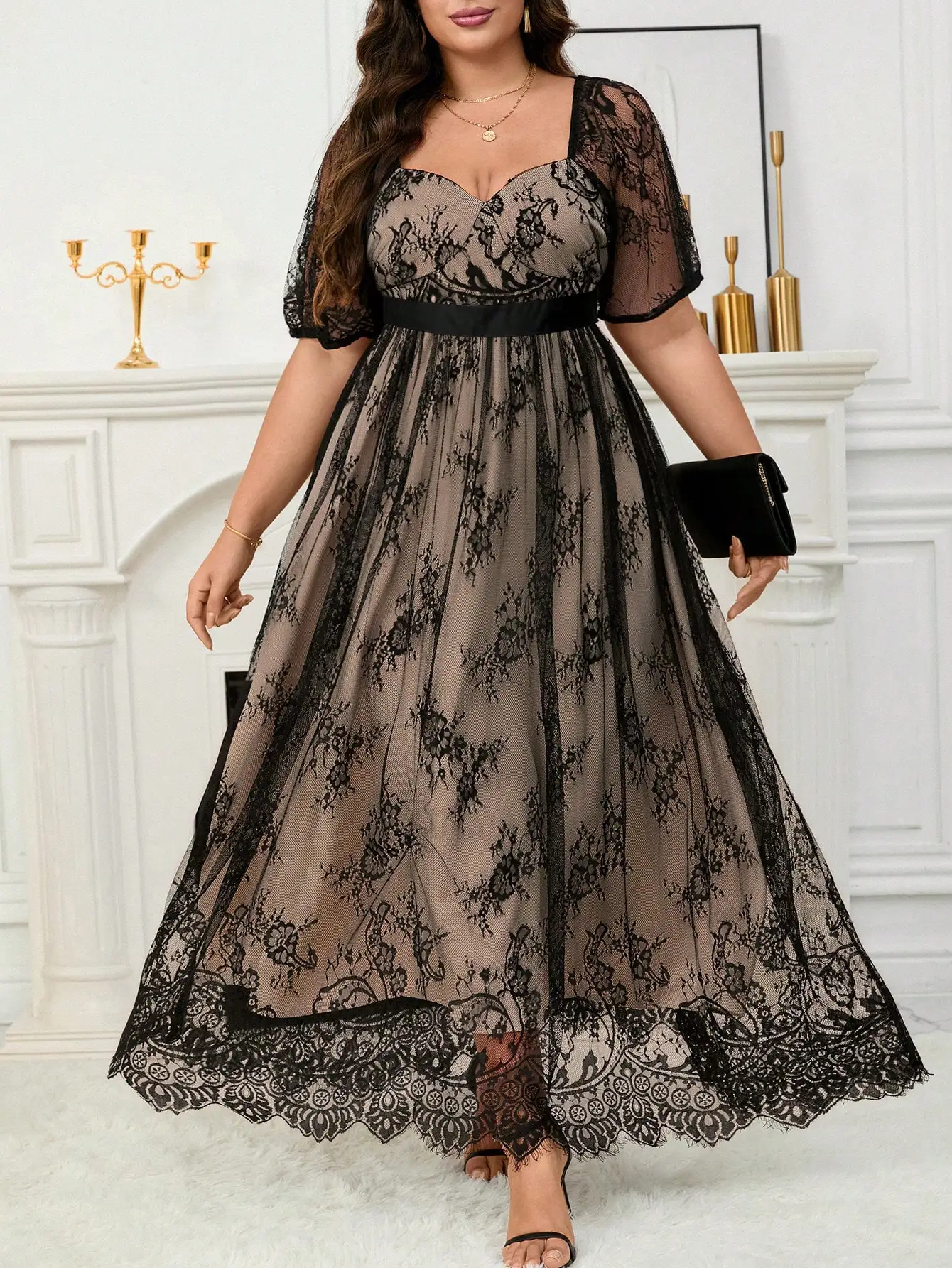 

Black Lace A-Line Maxi Dress with Sweetheart Neck and Puff Sleeves