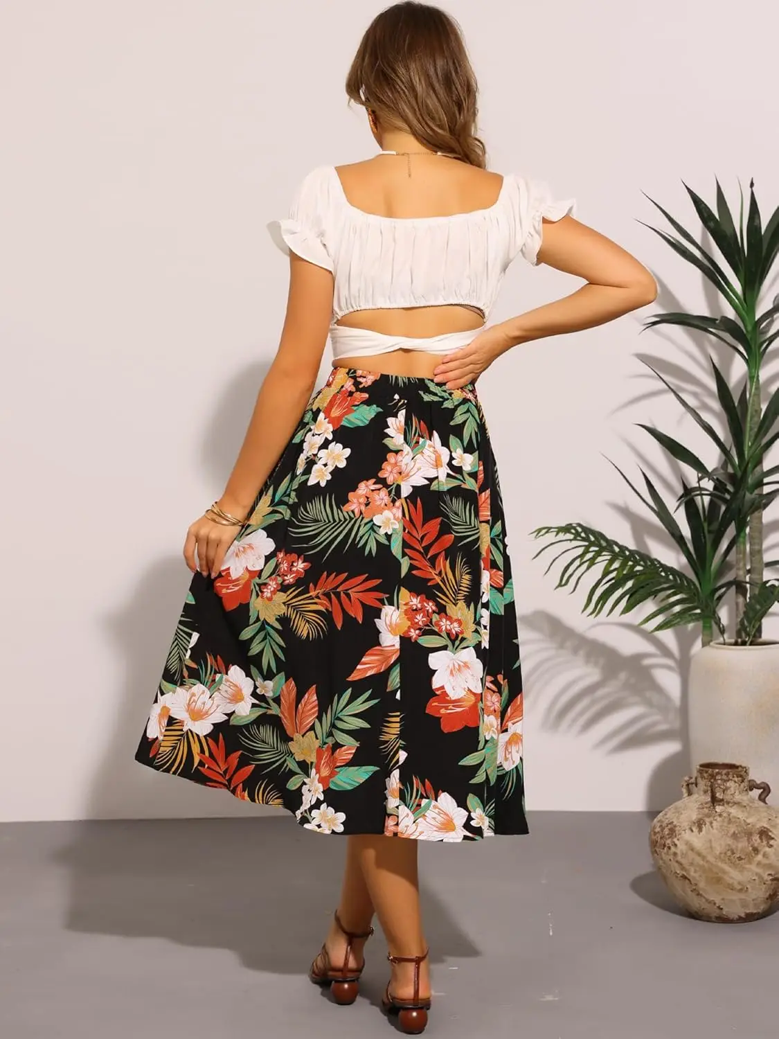 تنورة Luxy Trio Floral Boho Midi للنساء بخصر مطاطي على شكل حرف A تنورة شاطئ صيفية واسعة