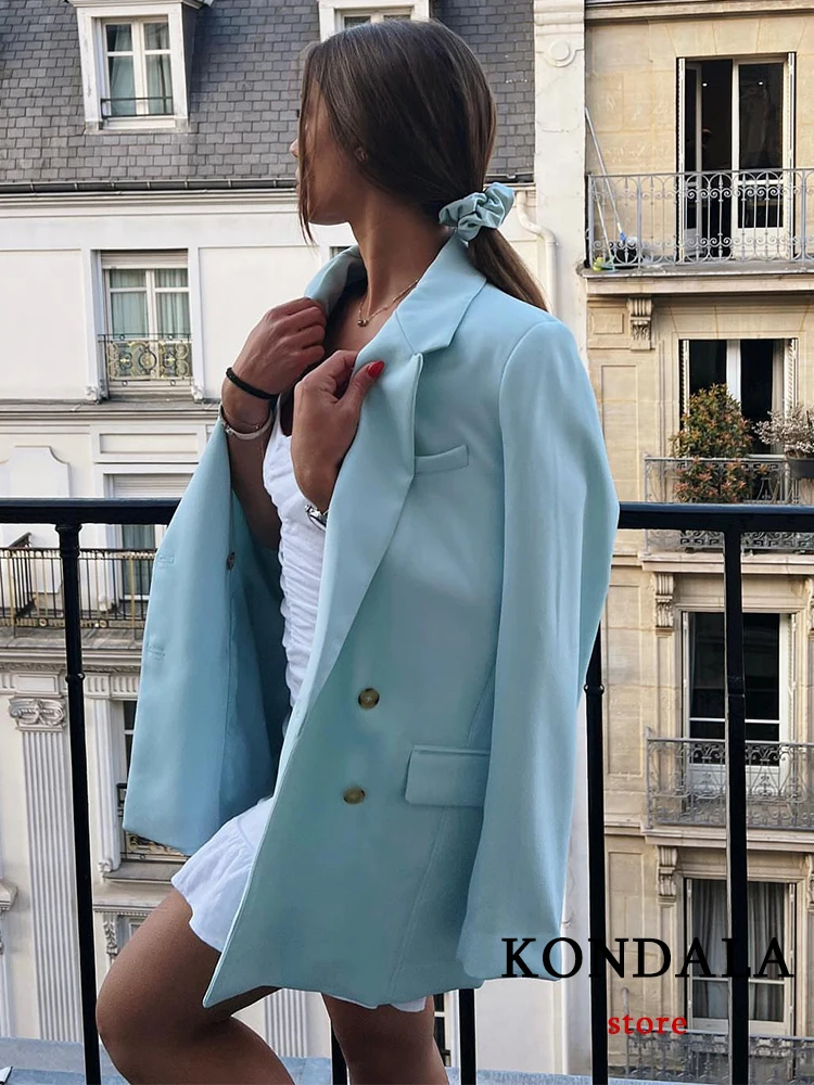 KONDALA Office Lady Lightblue Oversized Long Blazer Women Double Breasted V Neck Pockets Fashion 2022 Jackets Elegant Outwears