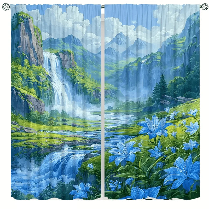 Waterfall river valley blue flower curtains, pole-mounted installation. Suitable for living rooms, bedrooms, dining rooms hotels