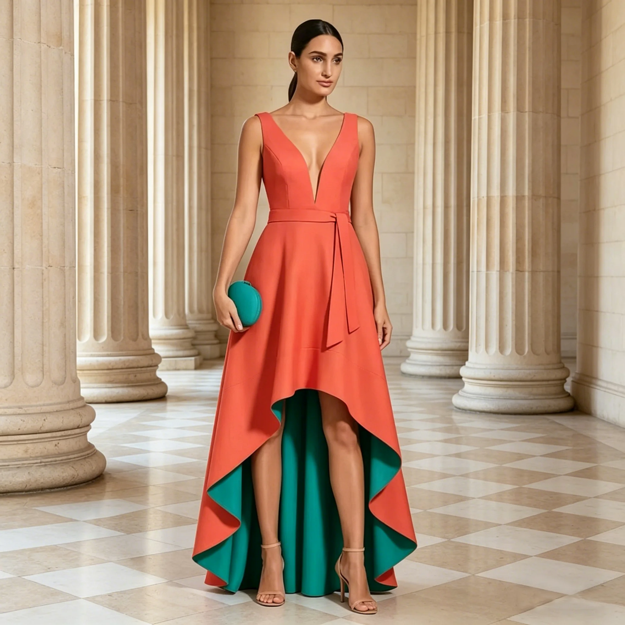 Elegant Wedding Guest Dresses for Women Deep V Neck Ruffle Asymmetrical Evening Gowns High-Low Sleeveless Simple Evening Dress